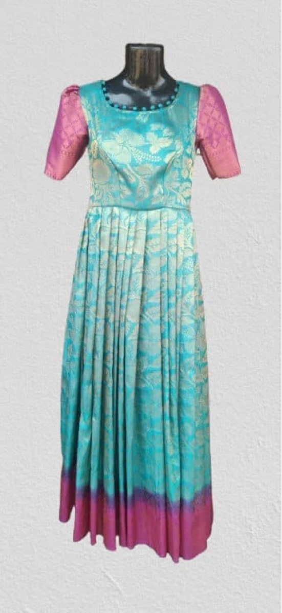 SIMHADRI APPANNA MATCHING CENTER -Blue and Pink Floral Brocade Silk Long Dress