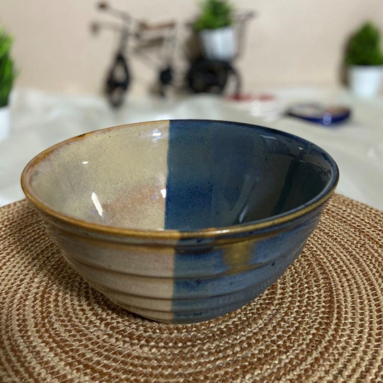 Ceramic Dining Studio Collection Half-Cut Blue & Brown Handglazed Designer Ceramic 1000ML Serving Bowl