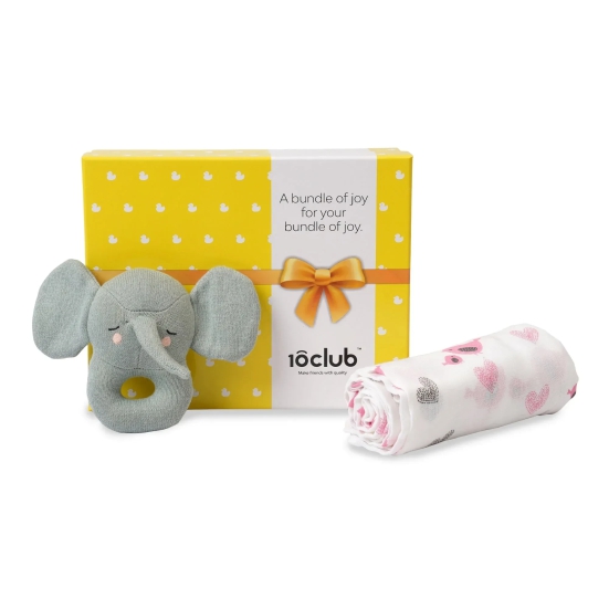 New Baby Gift set - Baby Swaddle and Rattle Gift Set Pink and Gray