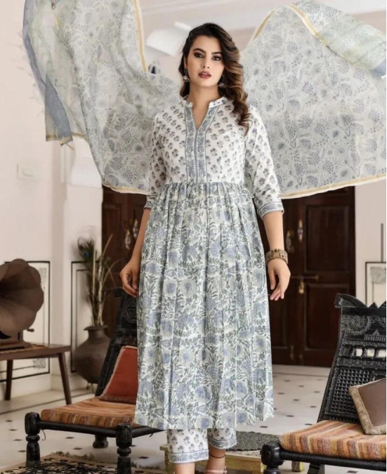 Printed Anarkali Kurta and Pant Set with Printed Dupatta for Women-M