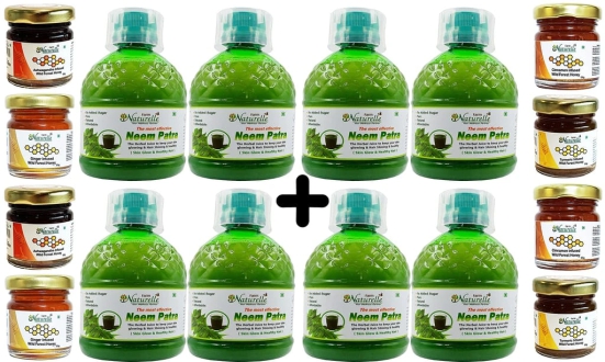 Farm Naturelle-Strongest Fresh Leaves Neem Juice-Immunity Booster & Detoxifier, Improves Skin & Hair Health- (4+4 Free)-8x400ml+ 55gx8 Herbs Infused Forest Honeys