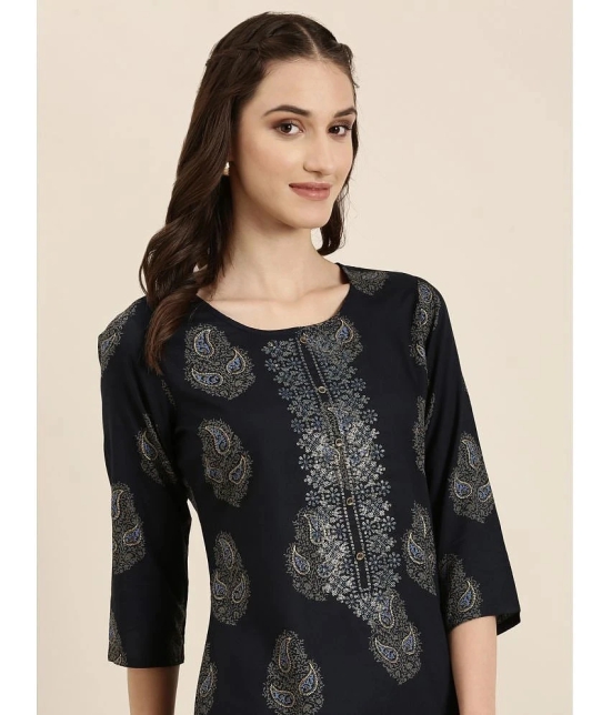 Showoff Cotton Blend Embellished Straight Womens Kurti - Navy Blue ( Pack of 1 ) - None