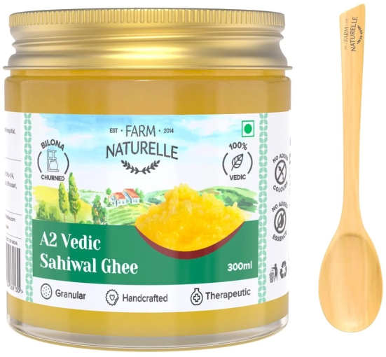 Farm Naturelle A2 Pure Ghee 300ml In Glass Bottle | Extra Engraved Virgin Wooden Spoon | 100% Desi Sahiwal Cow Ghee | Vedic Bilona Method-Curd Churned-Golden | Grainy & Aromatic, Keto Friendly | Non-GMO Grassfed, Premium & Traditional Ghee | Immunity Boos