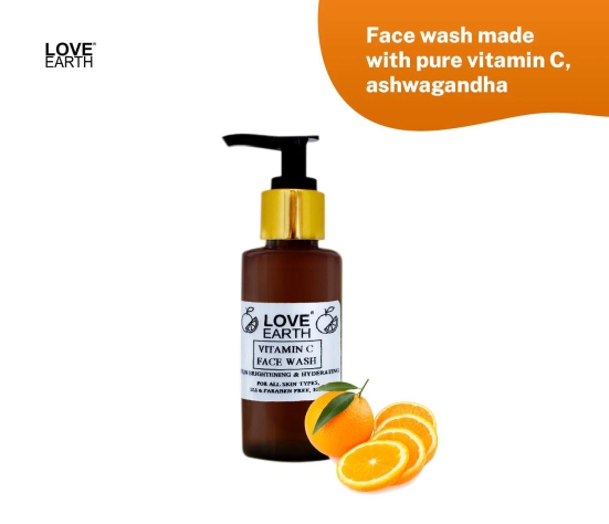 Love Earth Vitamin C Face Wash With Pure Vitamin C, Ashwgandha & Aloe Vera Extracts For Skin Hydration & Skin Radiance For All Skin Types 100ml