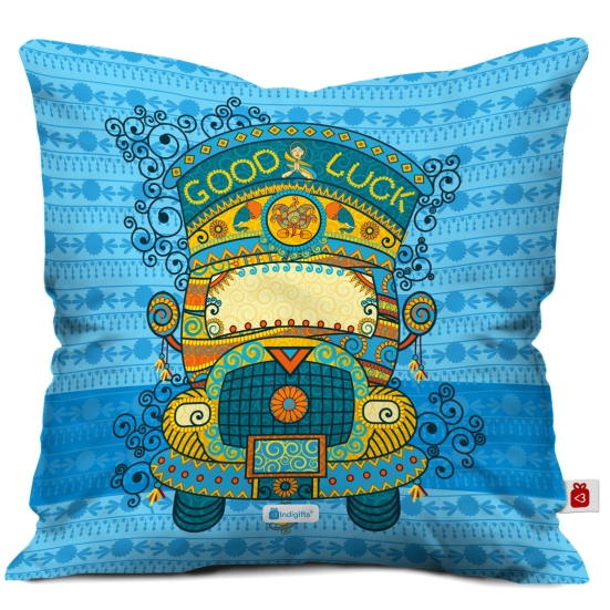 Indigifts Dipawali Gift Items Good Luck Quote Blue Cushion Cover 18x18 inches - Diwali Gift Items, Diwali Decoration Items, Deepavali Decoration, Dipawli Gifts, Deepawali Greetings