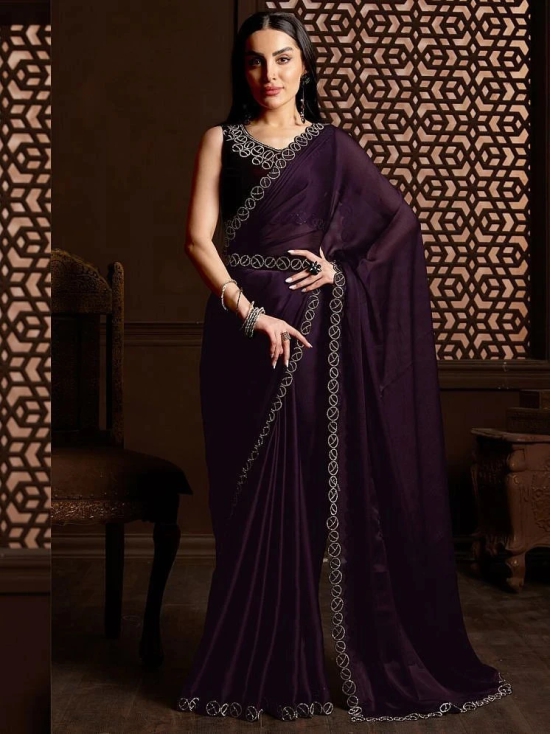 Gazal Fashions Satin Embellished Saree With Blouse Piece - Purple ( Pack of 1 ) - Purple