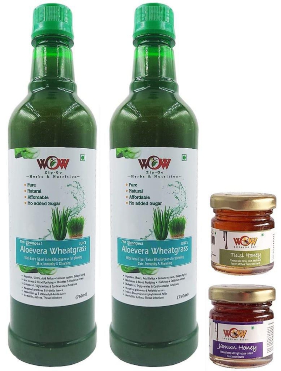 WOW ZIP - GO HERBS & NUTRITION -100% Pure Aloevera Wheatgrass Herbal Juice (750 Mlx 2 + 2 Honey 55g) Free Immunity Enhancing Honey.