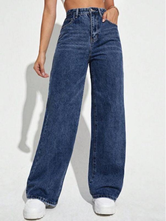 High Waist Wide Leg Jeans- Dark Blue-32