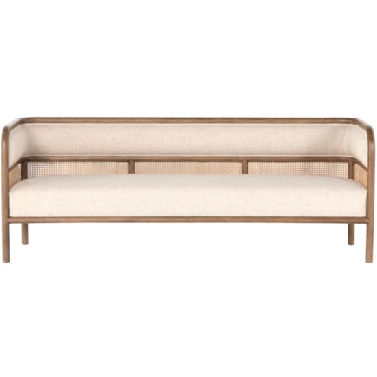 Wooden Twist Teak Wood Sofa with Curved Framing and Natural Cane Rattan Paneling - Plush Seating in Soft Fabric-3 Seater / Cream