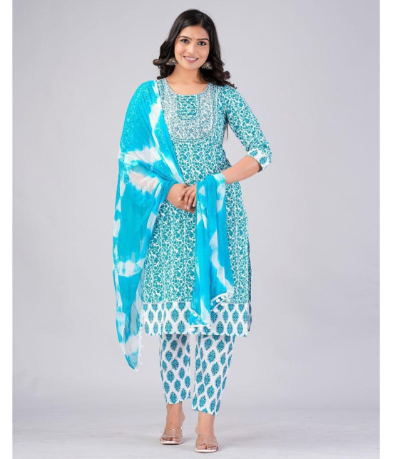 MAUKA Cotton Printed Kurti With Pants Womens Stitched Salwar Suit - Blue ( Pack of 1 ) - None