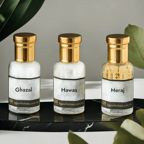 3 pcs Arabic Attar Set Ghazal, Hawas, Meraj 12ml Each-12ml