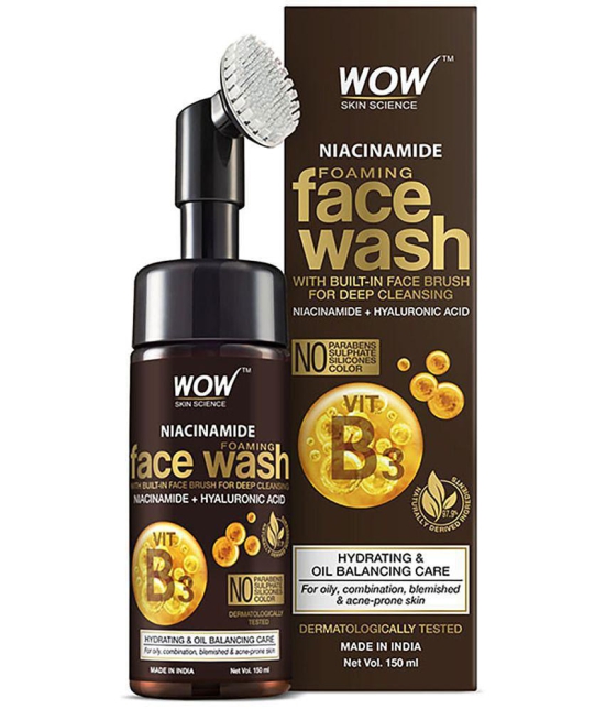 WOW Skin Science Niacinamide Foaming Face Wash For Blemishes, Oil Control & Acne Spots - with Built-In Brush - 150ml