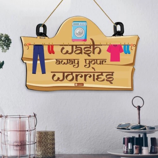 Indigifts Abstract Laundry Room Wall Hanging 11.05x7 Inches Signboard - Laundry Room Sign Board| Brown | 4mm Medium Density Fiber made out of wooden residual glued under heat and pressure with Thread