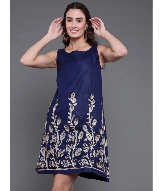 Antaran Cotton Embroidered Above Knee Womens Shift Dress - Navy ( Pack of 1 ) - None