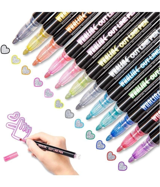 THR3E STROKES Double Line Outline Pens, 12 Colors Self-Outline Metallic Markers Glitter Writing Drawing Pens Stationery for Gift Card Writing,Drawing Pens for Birthday Greeting,Scrap Booking