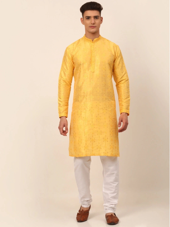 Men's Silk Blend Collar Embroidered Kurta Pyjama Set-XL / Yellow