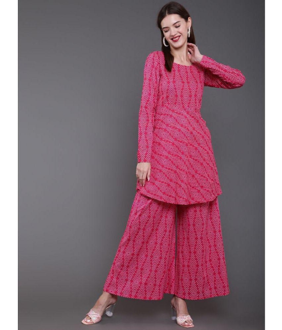 Antaran Cotton Printed Kurti With Palazzo Women''s Stitched Salwar Suit - Pink ( Pack of 1 ) - None