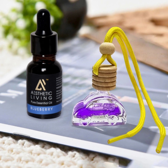 Aesthetic Living Car Aromatizer Diffuser Bottle with Essential Oil (Car Shape Bottle -10 ml + Blueberry Essential Oil, 15 ml)