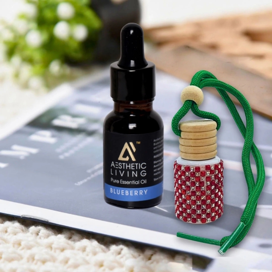 Aesthetic Living Car Aromatizer Diffuser Bottle with Essential Oil (Studded Bottle -12 ml) + Blueberry Essential Oil, 15 ml)