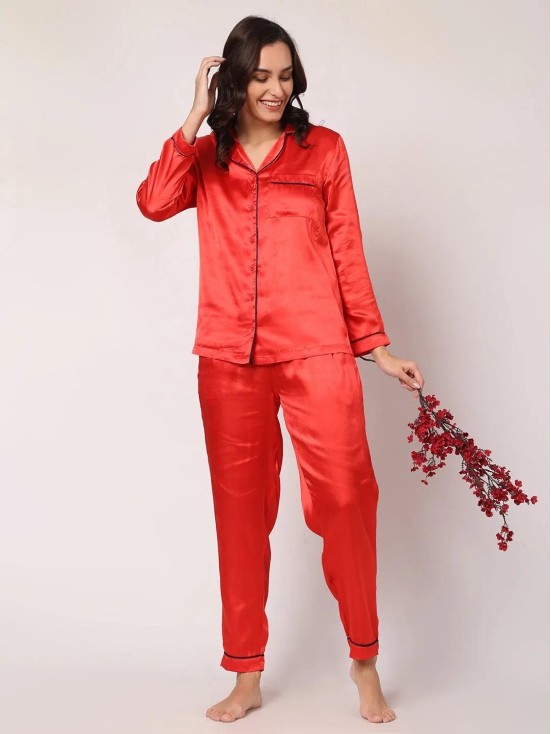 GOCHIKKO Women's Satin Plain Color Night Suit Set of Shirt & Pyjama Pack of 1(LIGHT RED)-2XL