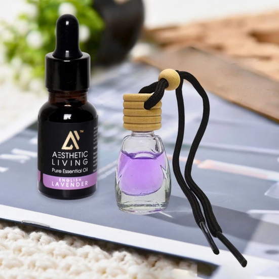 Aesthetic Living Car Aromatizer/ Diffuser Bottle with Essential Oil (Multi Shape Transparent Shape-10 ml+ English Lavender Essential Oil, 15 ml)