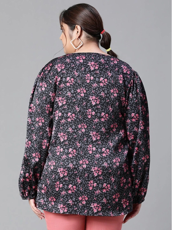 Oxolloxo Plus Size Floral Printed V-Neck Puff Sleeve Top