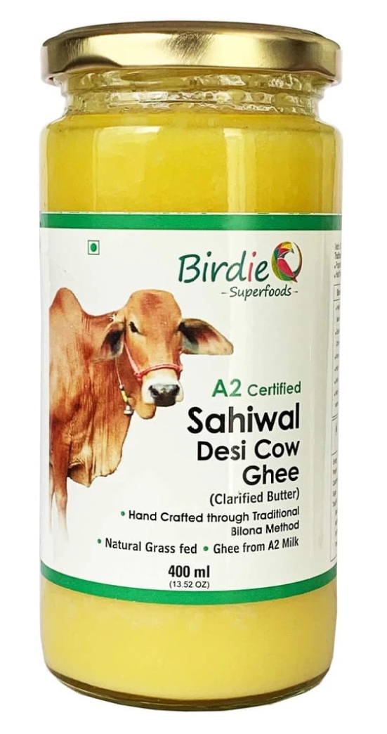 Birdie Superfoods -100% Pure Natural A2 Milk Desi Sahiwal Cow Ghee Prepared from Vedic Bilona Method-Immunity Superfood (400 ml) Glass Bottle