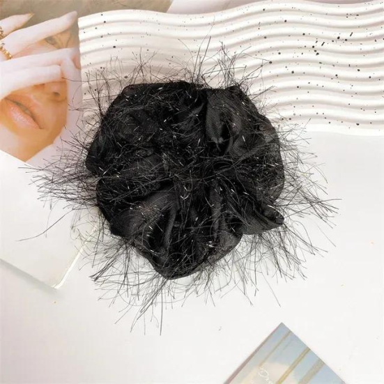 Silk scrunchie with furry detail-Black