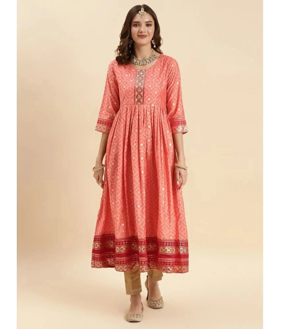 Rangita Women Pink Silk Embroidered Calf Length Anarkali Kurti - None