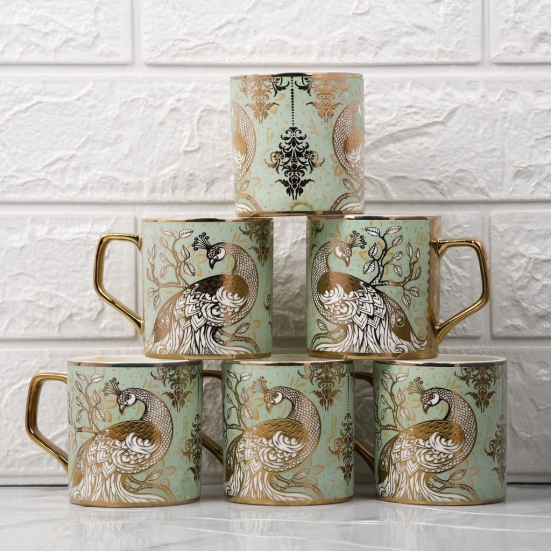 Femora Peacock Motif with Leaves Pattern Golden Tea Mugs, Ceramic Tea Cups, Coffee Mugs (180 ml, Golden) - 6 Pcs Set