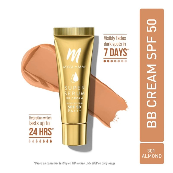 MyGlamm Super Serum BB Cream - 301 Almond | BB Cream With Hyaluronic Acid & SPF 50 PA+++ for UVA, UVB Protection & Natural Glow (30g)