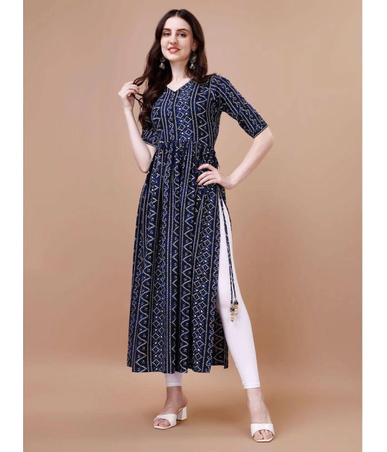 Glomee Rayon Printed Nayra Women's Kurti - Navy Blue ( Pack of 1 ) - None