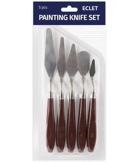 ECLET Palette Painting Knives - Set of 5 Various Sizes & Shapes, Stainless Steel Scraper Spatula with Polished Brown Handle for Artist Canvas Oil Paint Mixing Colour(C)