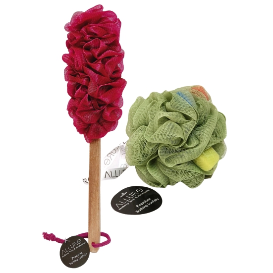 Allure Bath Brush & Loofah Set (Pack of 2 Assorted Metallic Colors Loofha) (Copy)