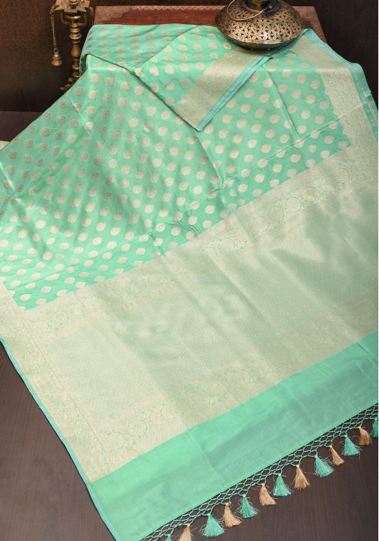 Banarasi Katan Silk Saree in Mint Green and Gold with Zari Motifs | SILK MARK CERTIFIED