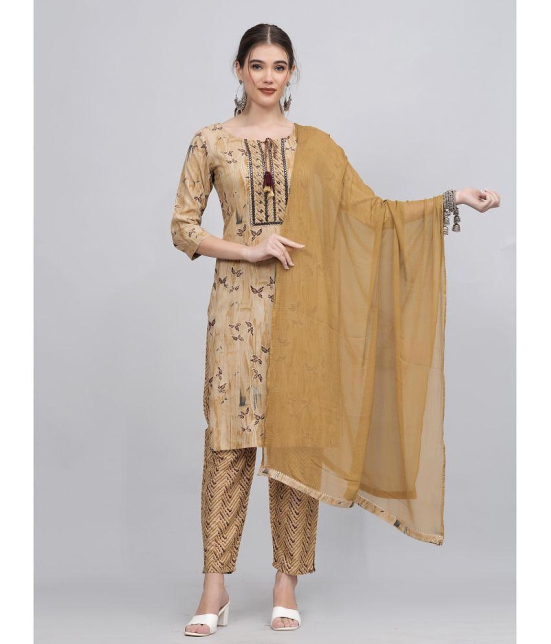 JC4U Rayon Printed Kurti With Pants Womens Stitched Salwar Suit - Beige ( Pack of 1 ) - None