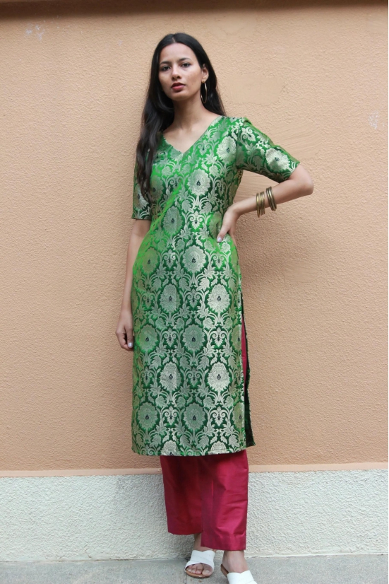 Green Brocade Kurta And Pants-XS / Kurta