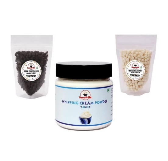 foodfrillz Whipping Cream Powder 100 g, + White Choco Chips & Dark Choco Chips (50 g Each)