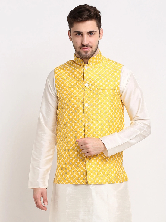 Jompers Mens Mustard Mustard and White Embroidered Nehru Jacket-S / Mustard