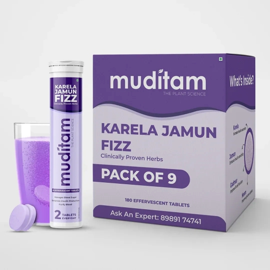 Muditam Ayurveda Karela Jamun Fizz-180 Effervescent Tablets(20eachX9Pack) | Helps in High Sugar Condition | Promotes Healthy Glucose Levels | Boosts Digestive Health| Ideal For 3 Months