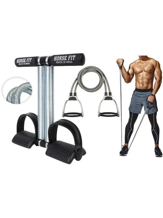 HORSE FIT Double Spring Tummy Trimmer Ab Exerciser and Double Toning Tube for Men and Women - Abs Exercise & Body Toner Equipment for Home Use. Gym & Fitness Kit. - Grey