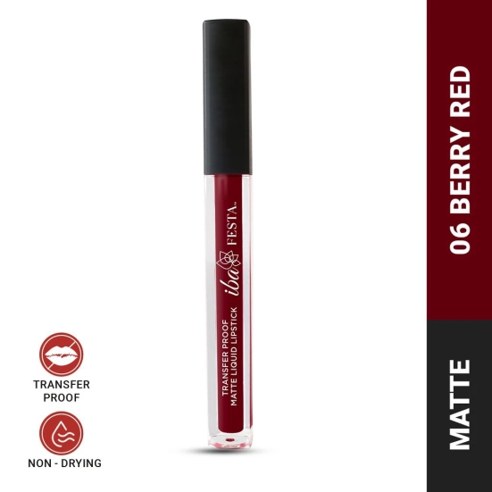 Iba Festa Transfer-Proof Matte Liquid Lipstick Shade - 06 Berry Red, 5ml | Non-Sticky and Non-Drying | Highly Pigmented, Long Lasting | Halal Certified & Vegan Makeup