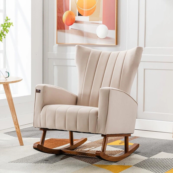 Wooden Velvet Accent Rocking Chair (Beige)-Beige