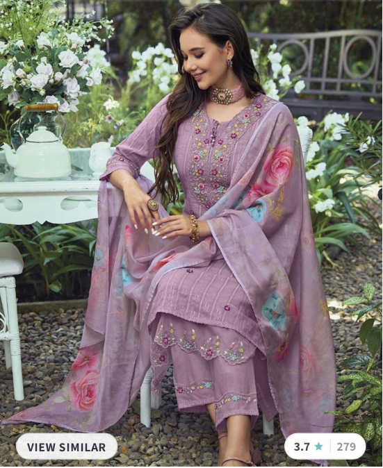Indo Era Lavender & Red Floral Embroidered Pure Cotton Kuta with Trousers & Dupatta-L