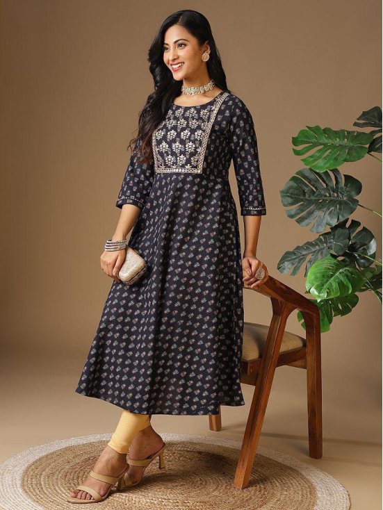 Rangita Women Cotton Navy Blue Embroidered Calf Length Anarkali Kurti - None