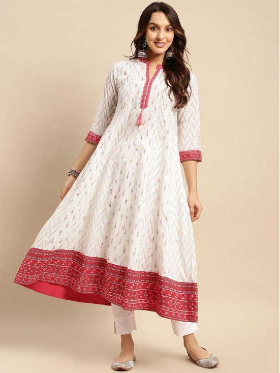 Rangita Women 100% Cotton Off White Contrast Placket Ikat Printed Calf Length Anarkali Kurti - None