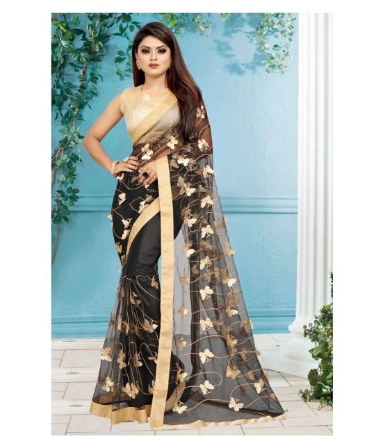 Gazal Fashions - Black Net Saree With Blouse Piece (Pack of 1)