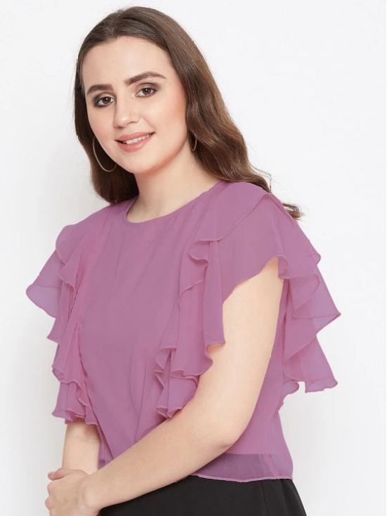 Women Mauve Ruffle Top With Flutter Sleeves