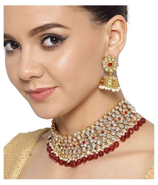 YouBella Jewellery Sets for Women Gold Plated Kundan Wedding Bridal Necklace Jewellery Set with Earrings for Girls/Women (Red) - Red