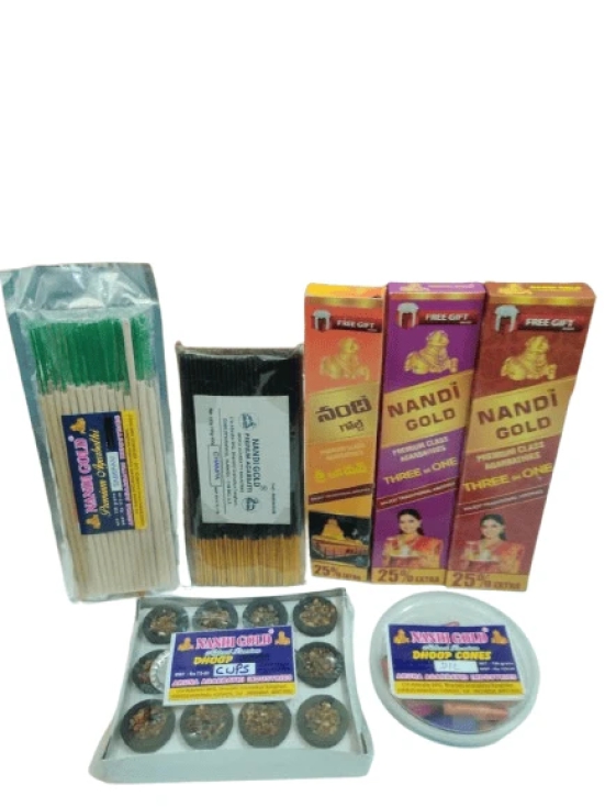 Nandi Gold Premium Agarbathies Combo Pack | Contains 3xBoxes Set Of Agarbatis,1xSambrani Sticks,1xChampa Sticks,1xDhoop Cones,1x Dhoop Cups